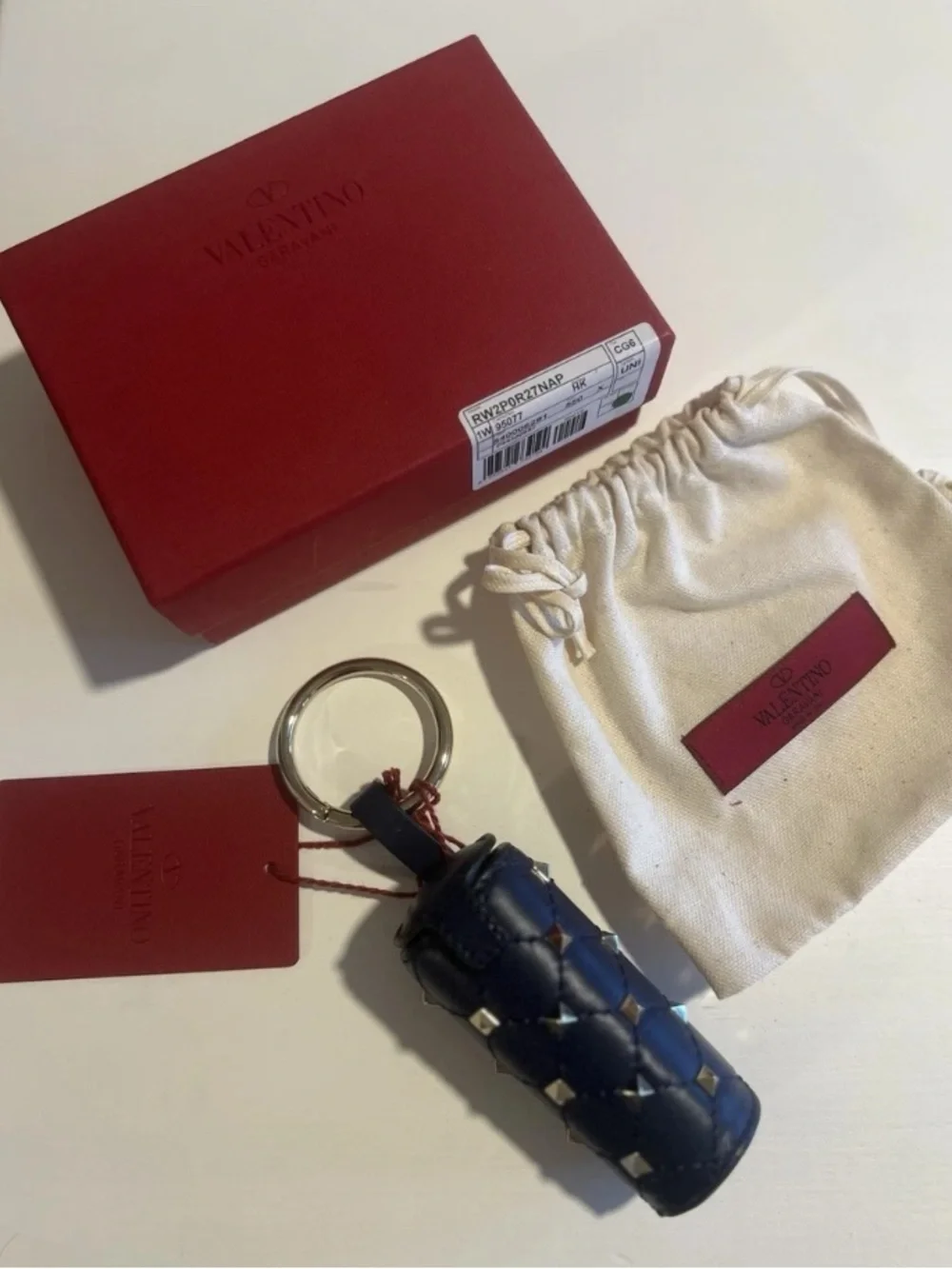 Valentino Garavani Navy Leather Studded Lipstick holder/ Keychain